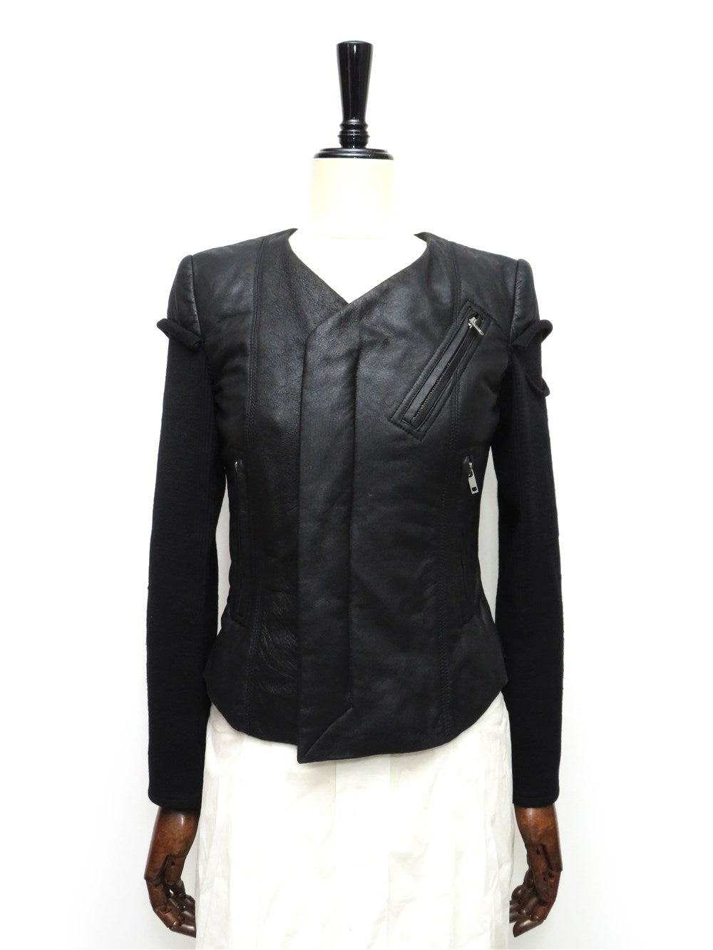 レザーコンビ ノーカラー ジャケット