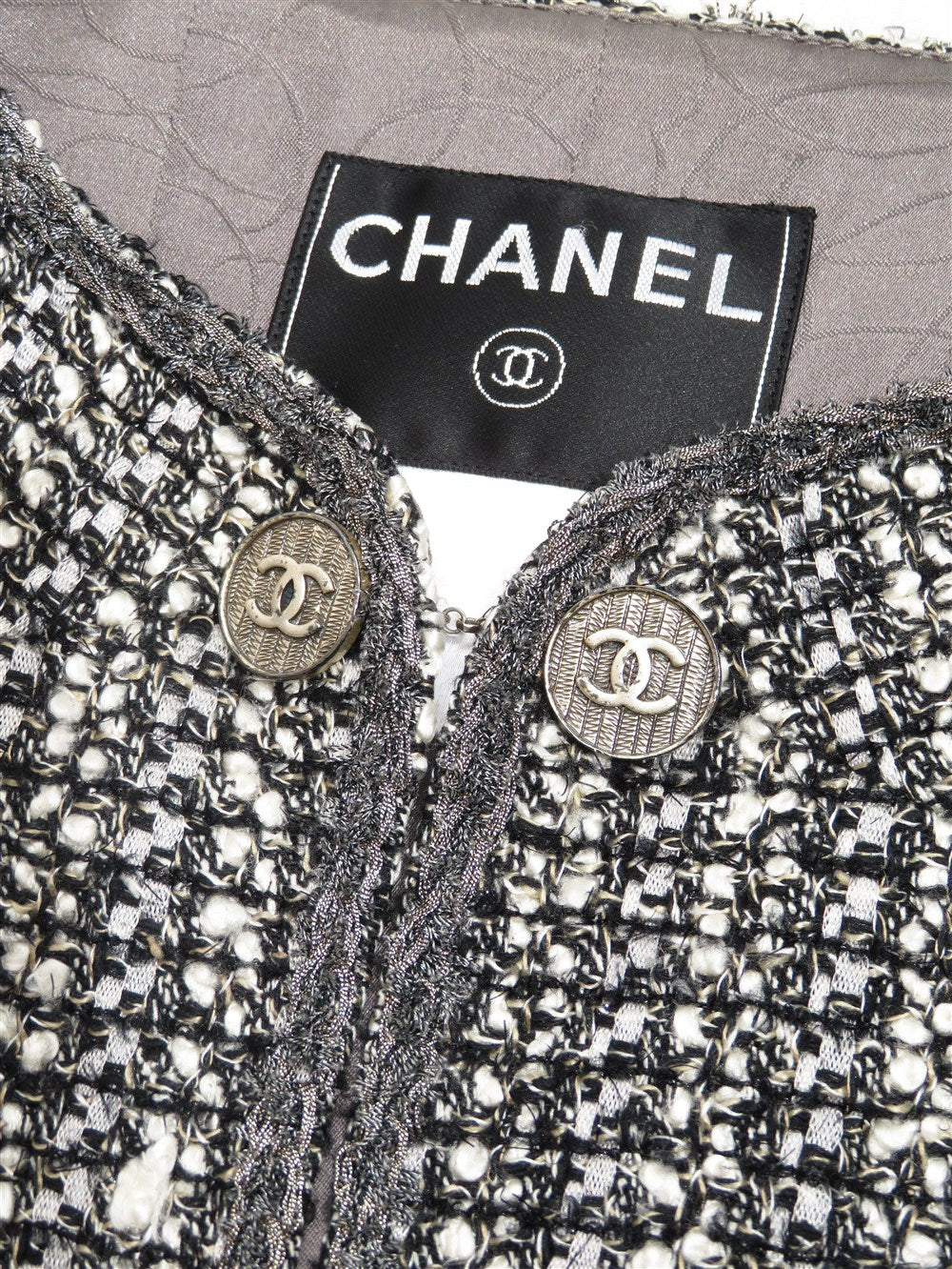 CC シルク混 ツイード ノーカラー ジャケット