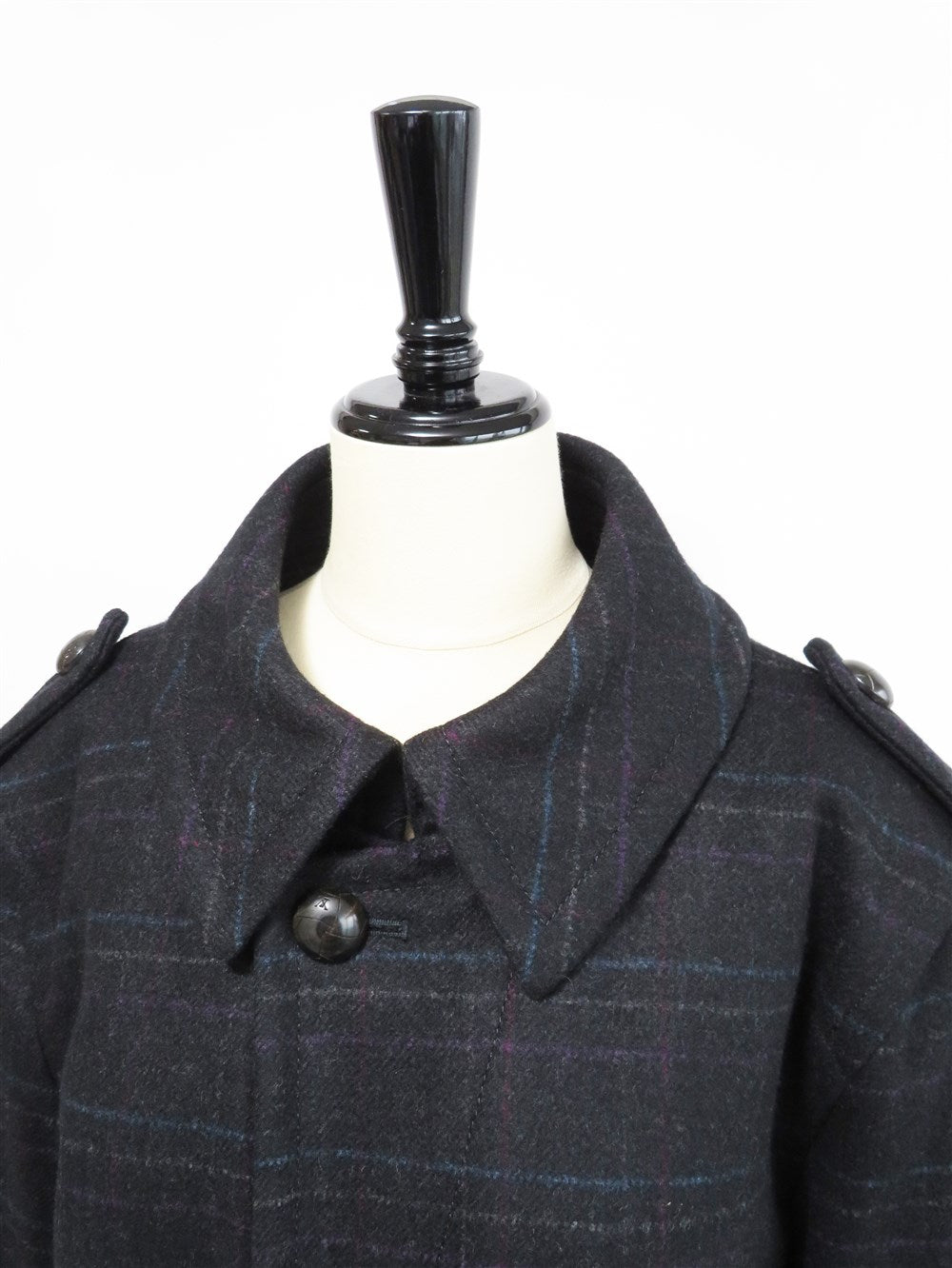 チェック柄 ステンカラー ウール コート
