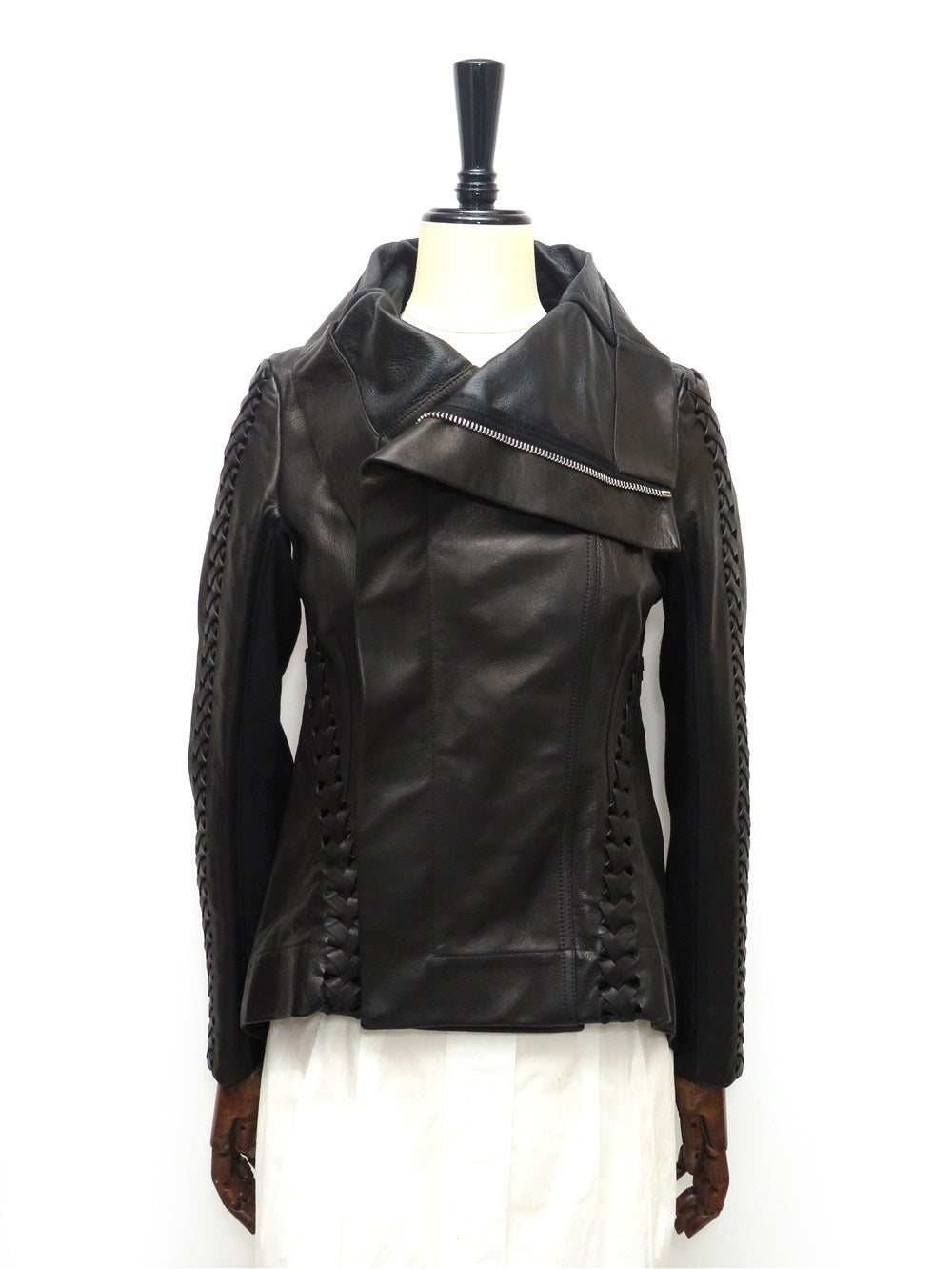 編み込みディテール カウネルネック レザー ジャケット