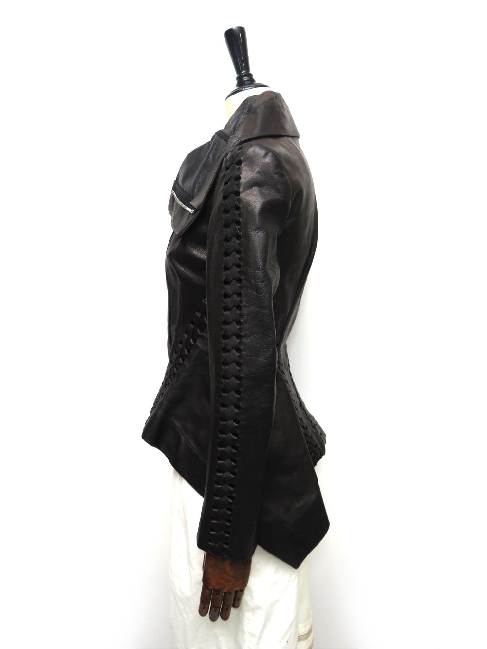 編み込みディテール カウネルネック レザー ジャケット