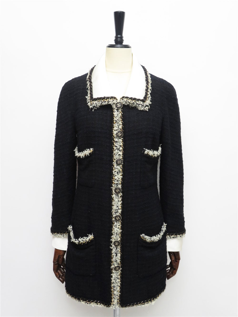 CC  フリンジトリム ツイード ロング ジャケット