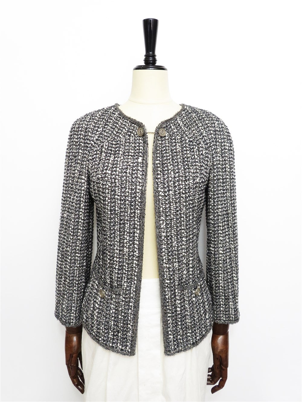 CC シルク混 ツイード ノーカラー ジャケット